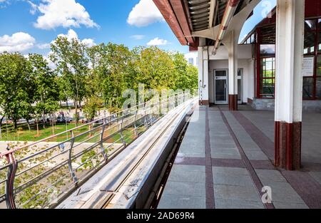 Moscow, Russia - July 8, 2019: Moscow public urban transport. Exhibition Center station of the Moscow monorail road Stock Photo