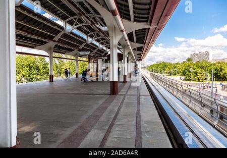 Moscow, Russia - July 8, 2019: Moscow public urban transport. Exhibition Center station of the Moscow monorail road Stock Photo