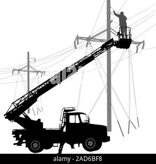 Electrician, making repairs at a power pole. Vector illustration. Stock Vector