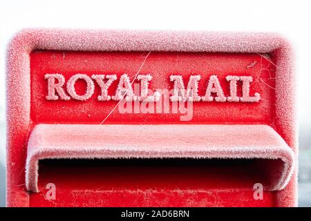 Royal Mail post box covered in frost - UK Stock Photo