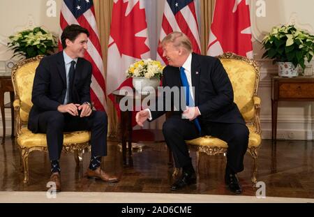 London, UK. 03 December, 2019. U.S. President Donald Trump and Canadian Prime Minister Justin Trudeau, left, hold a bilateral meeting prior to the start of the NATO Summit at Winfield House December 3, 2019 in London, UK.  Credit: Shealah Craighead/Planetpix/Alamy Live News Stock Photo