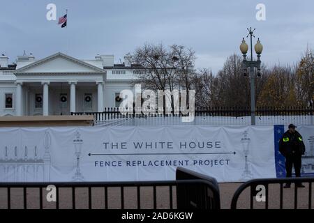 Washington DC, USA. 02nd Dec, 2019. The White House stands in Washington, DC, U.S., on Monday, December 2, 2019. The White House fence is currently under construction, and will be approximately thirteen feet tall once completed. Credit: MediaPunch Inc/Alamy Live News Stock Photo