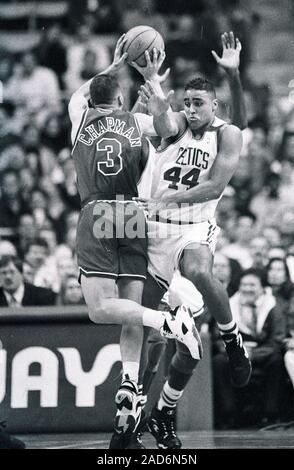Boston Celtics Rick Fox defends against Washington Bullets #3 Rex Chapman  during basketball game action at the Boston Garden in Boston Ma USA dec1,1993photo by bill belknap Stock Photo