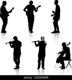 Silhouettes street musicians playing instruments. Vector illustration. Stock Vector