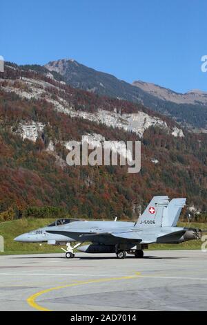 Starting fighter aircraft McDonnell Douglas F/A-18 Hornet at Meiringen Military Air Base (LSMM) Stock Photo