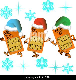Three SIM cards go in santa outfit on a background of snowflakes Stock Vector