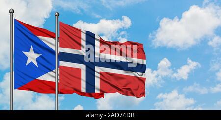 Norway And Puerto Rico Flag Waving In The Wind Against White