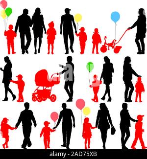Black set of silhouettes of parents and children with balloons on white background. Vector illustration. Stock Vector