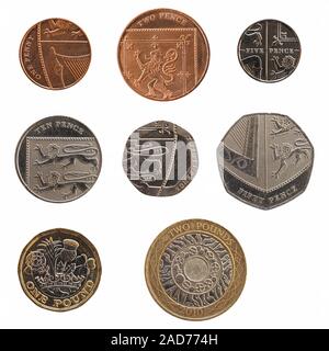 Full range of coins of United Kingdom isolated over white Stock Photo