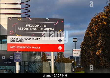 BIRMINGHAM, ENGLAND - DECEMBER 2019: Sign welcoming visitors to the Resorts World Arena, a concert venue at the Birmingham National Exhibition Centre. Stock Photo