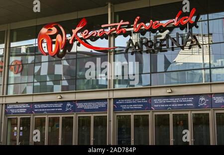 BIRMINGHAM, ENGLAND - DECEMBER 2019: Sign above the entrance to the Resorts World Arena, a concert venue at the Birmingham National Exhibition Centre. Stock Photo