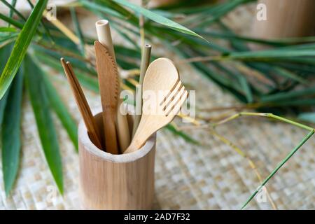 A biodegradable set of wooden utensils made in the Philippines from sustainable bamboo sources. Stock Photo