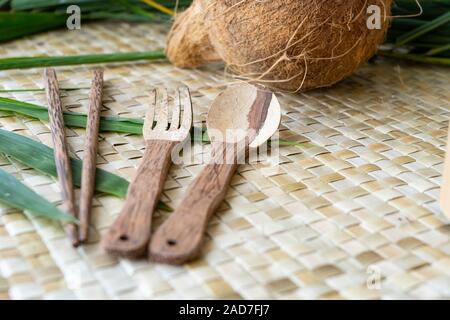 A biodegradable set of wooden utensils made in the Philippines from sustainable Coconut wood sources. Stock Photo