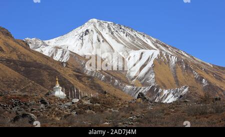 Mount Tserko Ri and small stupa. Stock Photo