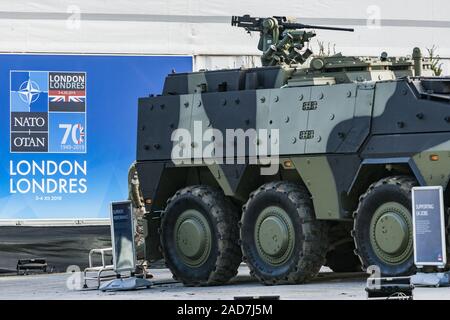 London, UK. December 3, 2019: Military armored vehicle during the security setup for the 70th Anniversary NATO Summit in The Grove Hotel in Watford, London. Credit: Celestino Arce Lavin/ZUMA Wire/Alamy Live News Stock Photo