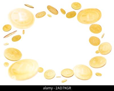 Gold cryptocoin Bitcoin explosion. Isolated on white Stock Photo