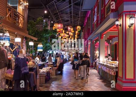Iconsiam ,Thailand -Oct 30,2019:  Ground floor floating market in Iconsiam shopping mall can get the traditional Thai snacks, shops for handicraft. Stock Photo