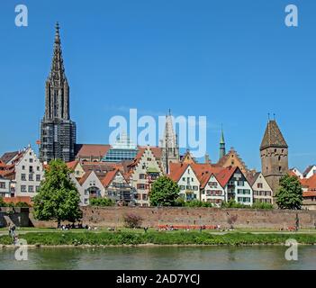 Ulm at the Danube with City wall, Minster and Metzgerturm Stock Photo