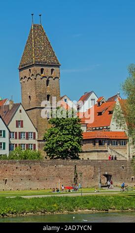 Ulm at the Danube with City wall, Minster and Metzgerturm Stock Photo