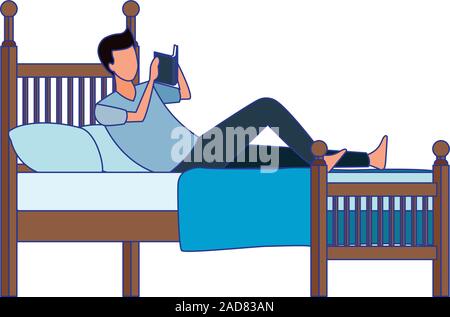 man reading a book lying in bed Stock Vector