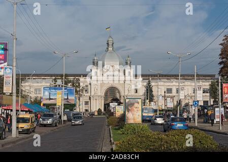 Art Nouveau facade of the central station Lviv-Holovnyi, Lviv, Ukraine Stock Photo