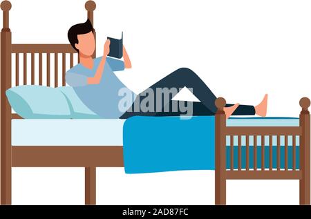 man reading a book lying in bed Stock Vector