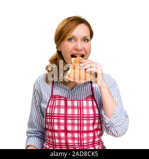 Woman enjoying salmon slices on bread. On white background. Stock Photo
