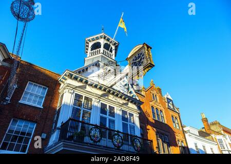 The iconic Guildhall with its distinctive historic medieval clock dated 1683 in High Street, Guildford, county town of Surrey, southeast England, UK Stock Photo