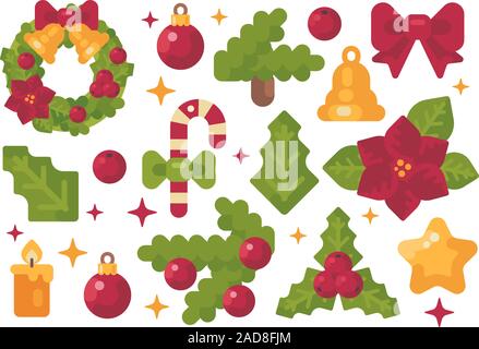 Christmas items collection. Holiday decoration elements flat illustration. Stock Photo