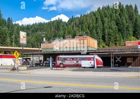 A vintage, retro roadside diner with converted vintage bus in the mountain town of Wallace, Idaho. Stock Photo