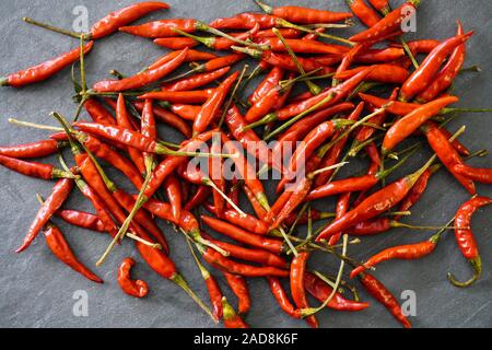 Close-up view from above of a pile of bright red Thai bird chiles on a black slate table; landscape view Stock Photo