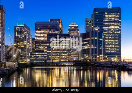 Skylines building at Canary Wharf in London UK sunset twilight Stock Photo