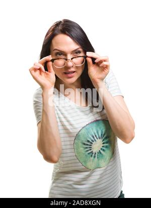 Woman with her glasses lifted up can't see Stock Photo