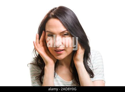 Woman without her glasses can't see Close up portrait Stock Photo