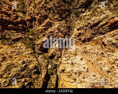 Aerial image of Standley Chasm and the surrounding West MacDonnell Ranges in the Northern Territory following the destruction of a recent bushfire. Stock Photo