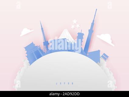 Minimal paper cut Japanese famous landmark. Japan travel advertising concept. Stock Vector