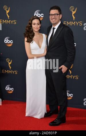 LOS ANGELES, CA. September 18, 2016: Actress Emmy Rossum & screenwriter Sam Esmail at the 68th Primetime Emmy Awards at the Microsoft Theatre L.A. Live. © 2016 Paul Smith / Featureflash Stock Photo