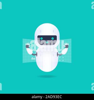 White friendly android robot with HUD interface screen. Cute and smile AI robot. Stock Vector
