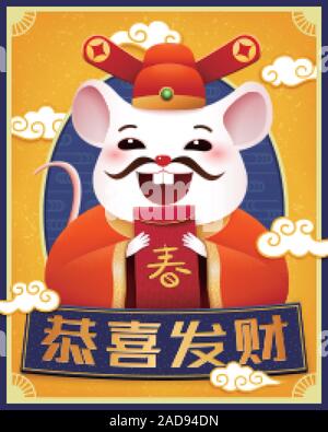 Smiling god of wealth white mouse holding red envelope on yellow background, text translation: Spring and Wishing you prosperity and wealth in Chinese Stock Vector