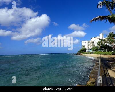 Path to Makalei Beach with waves lapping, napakaa, lava rock wall and Coconut trees along the shore on a wonderful day in Oahu, Hawaii. Stock Photo