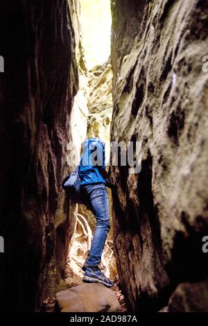 man in the Devil´s Gorge in the South Eifel Nature Park, Irrel, Eifel, Germany, Europe Stock Photo