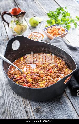 Traditional slow cooked Mexican chili con cane with mincemeat