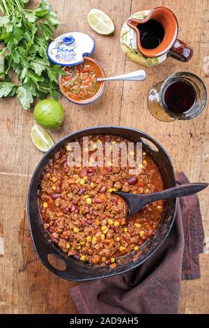 Traditional slow cooked Mexican chili con cane with mincemeat
