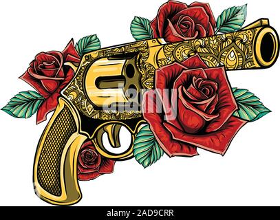 drawing of a gun with colored roses Stock Vector