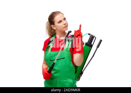 Female pest control contractor isolated on white Stock Photo