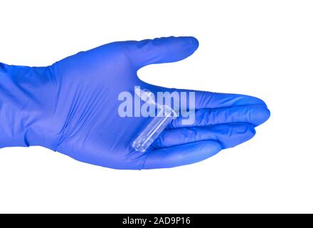 Test tube in hand in gloves isolated on white Stock Photo
