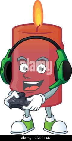 Gamer red candle cartoon character with headphone and controller Stock Vector