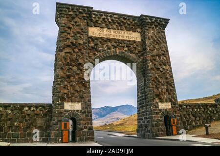 A rusticated triumphal arch in Yellowstone National Park, Wyoming Stock Photo