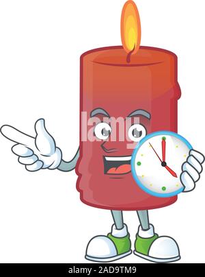 With clock smiling red candle cartoon mascot style Stock Vector