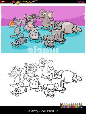 happy mice animal characters group color book Stock Photo